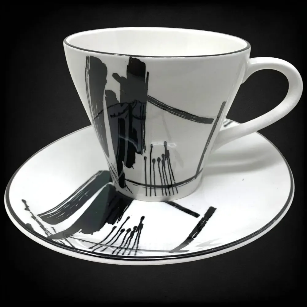 Vintage 1986 Sango Larry Laslo Calligraphy 8 Cup Saucer Sets 16 Pc Postmodern